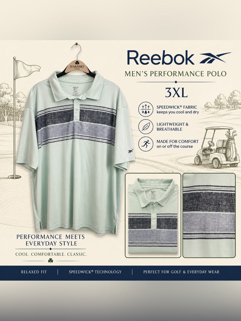 Reebok Mint Green Men’s Performance Polo with Charcoal Stripes Size 3XL